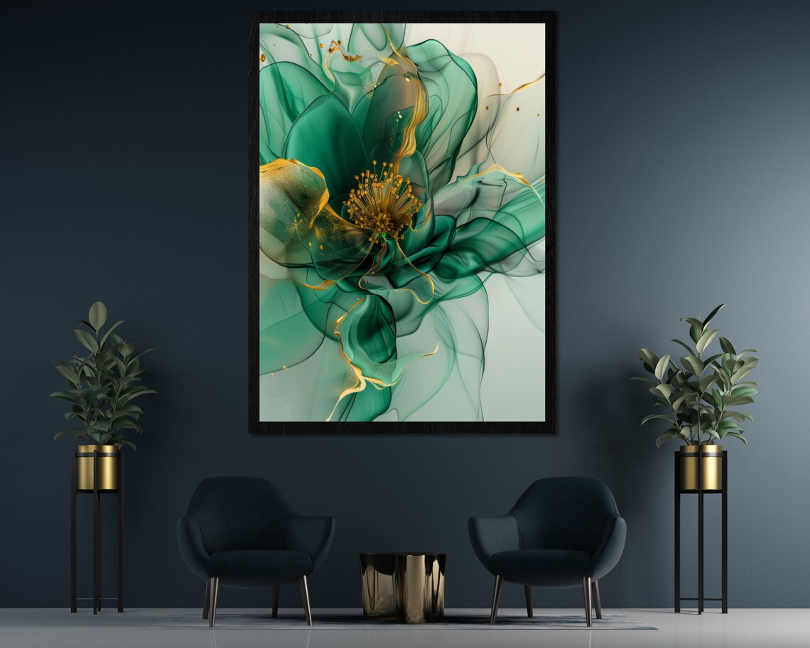 Emerald Green And Gold Abstract Floral Ink Luxury Modern Art Poster