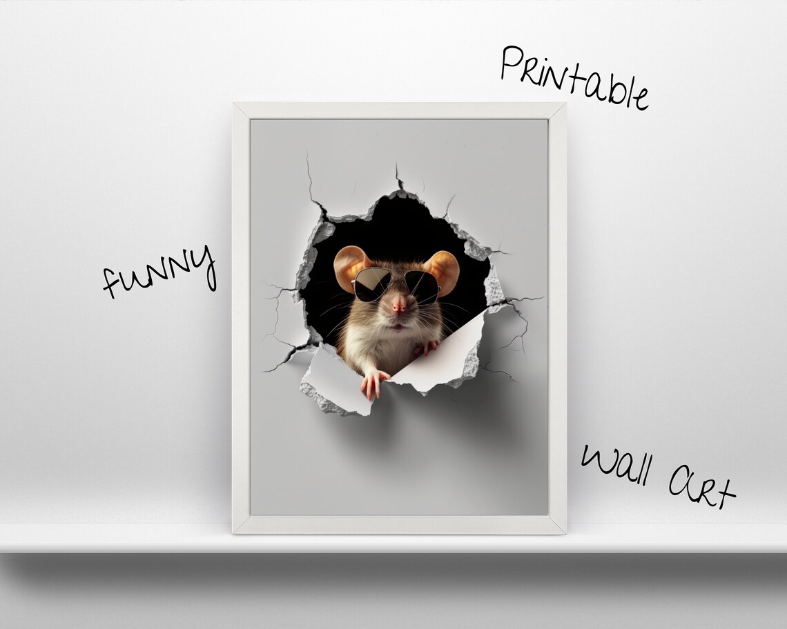 Funny Mouse In Sunglasses Bursting Through Wall 3D Humor Poster
