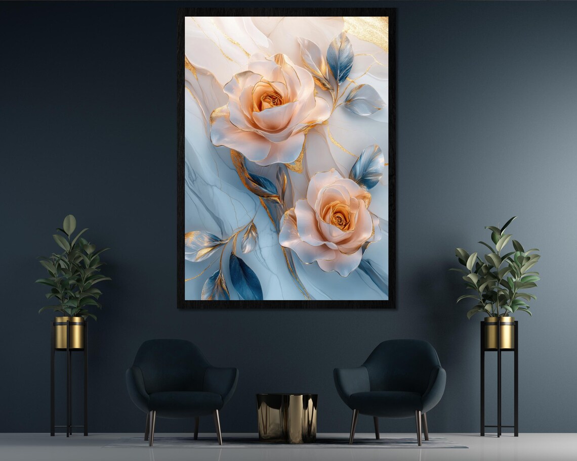 Blush Pink 3D Roses Gold Accents Blue Marble Elegant Floral Art Poster