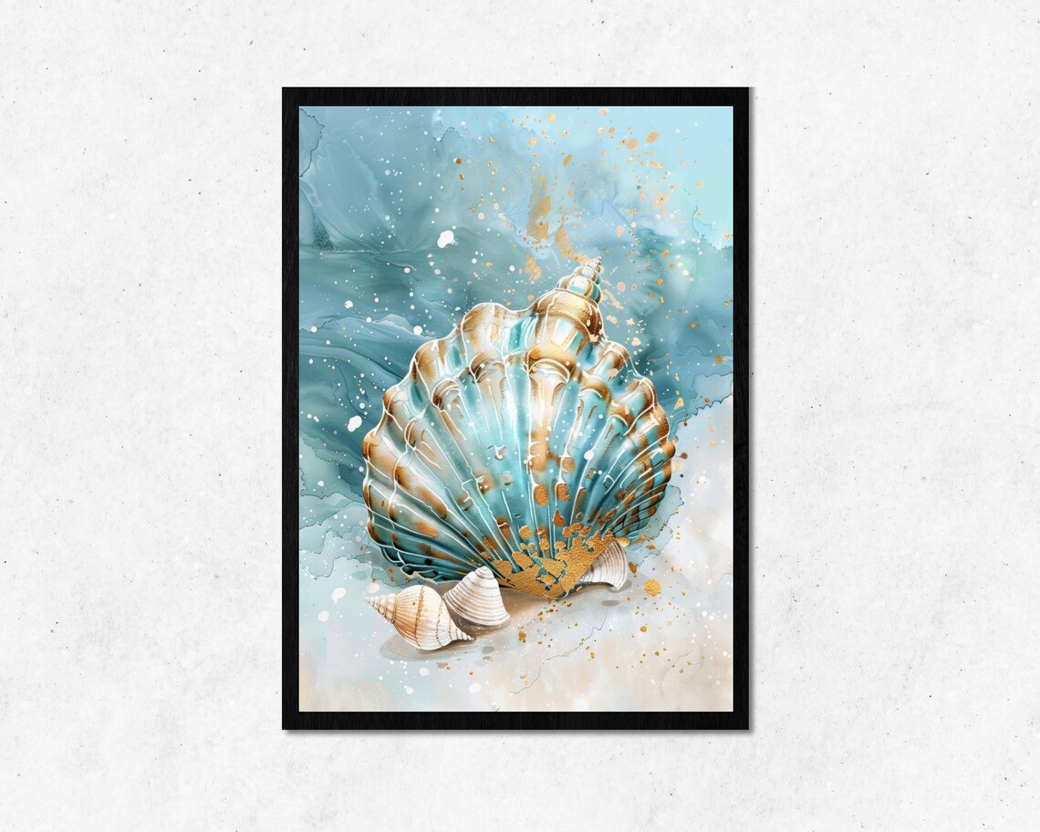 Turquoise And Gold Scallop Shell Watercolor Coastal Luxury Art Poster