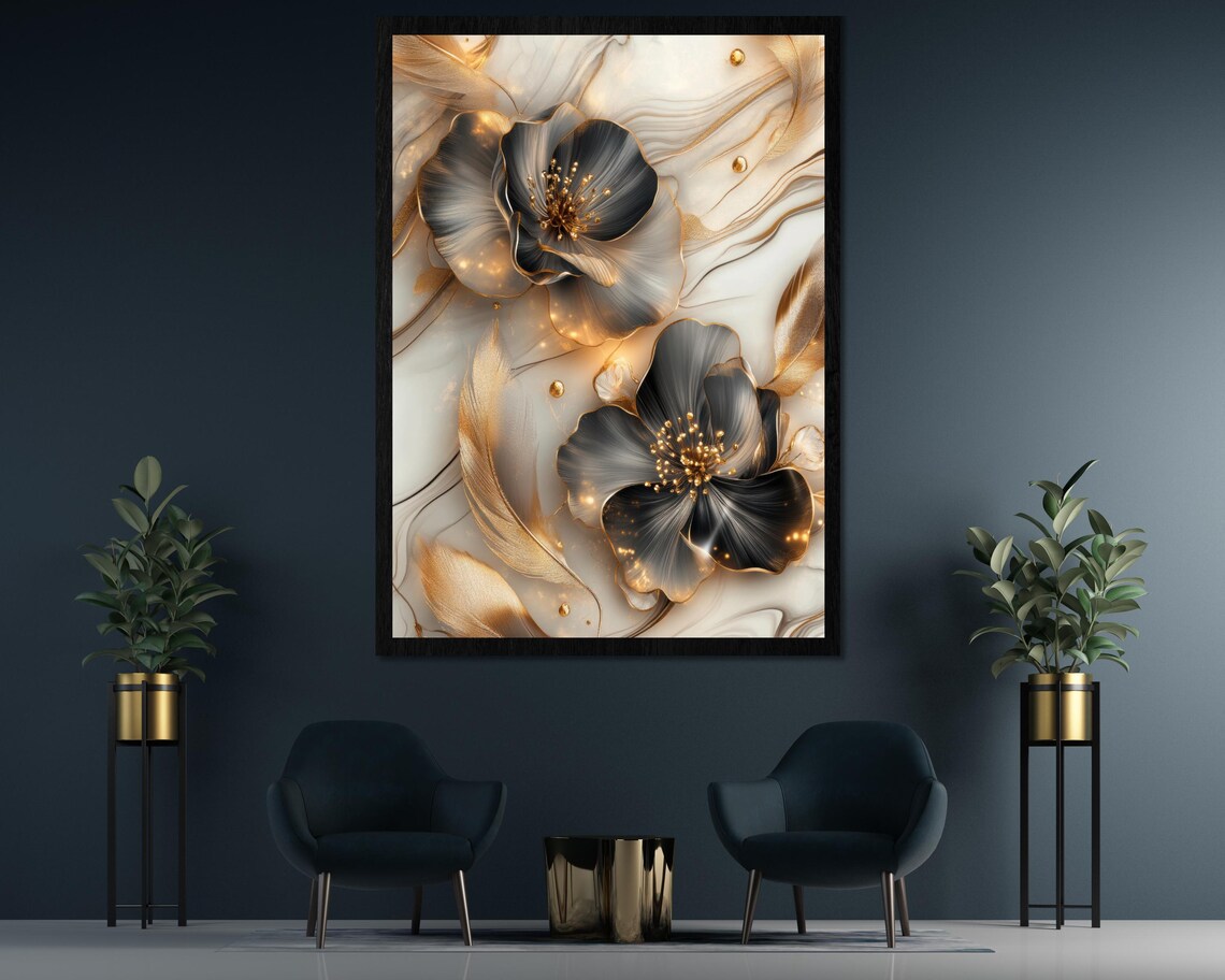 Luxury Black Flower With Golden Feather 3D Marble Floral Design Poster