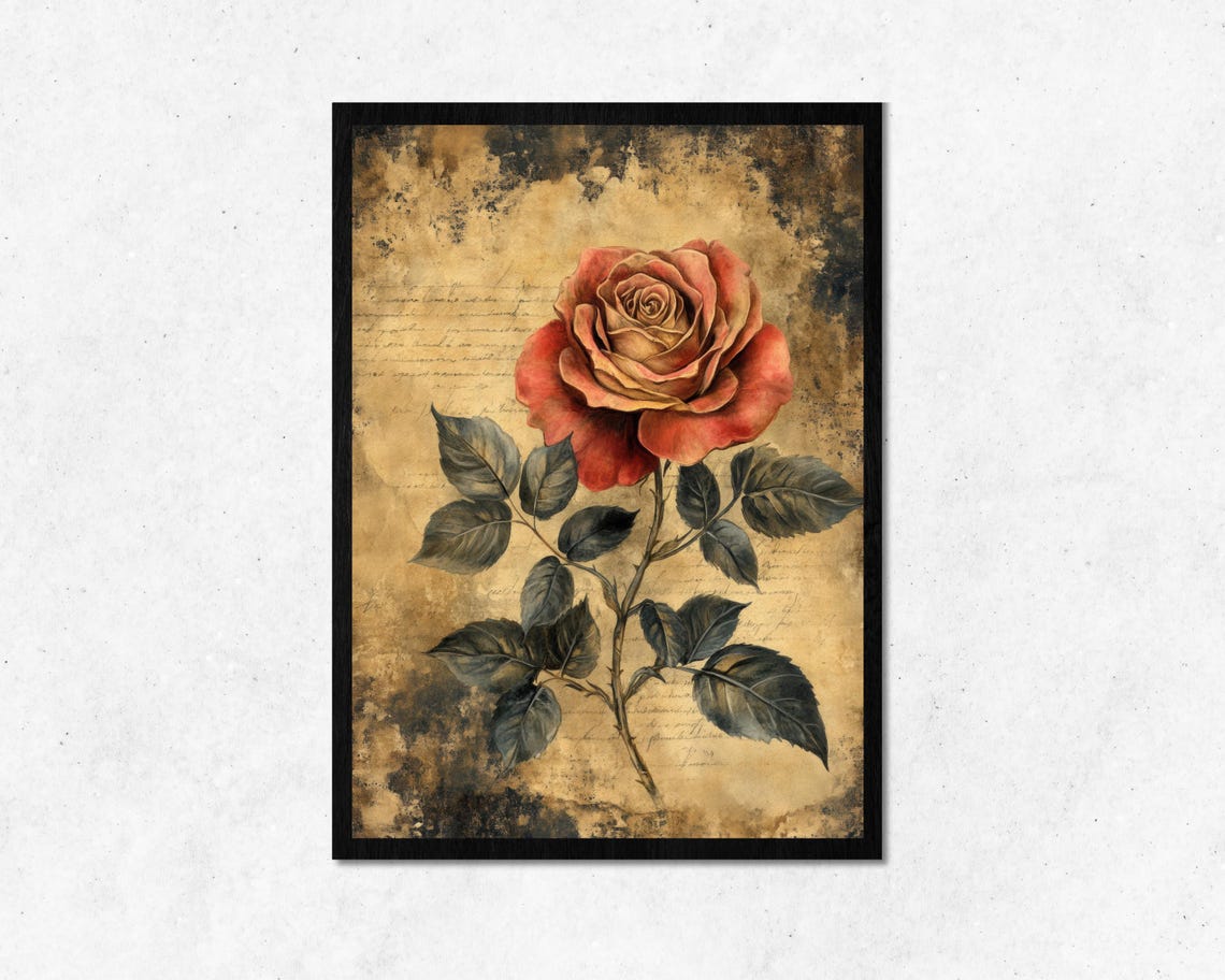 Vintage Red Rose Distressed Texture Aged Script Romantic Floral Poster