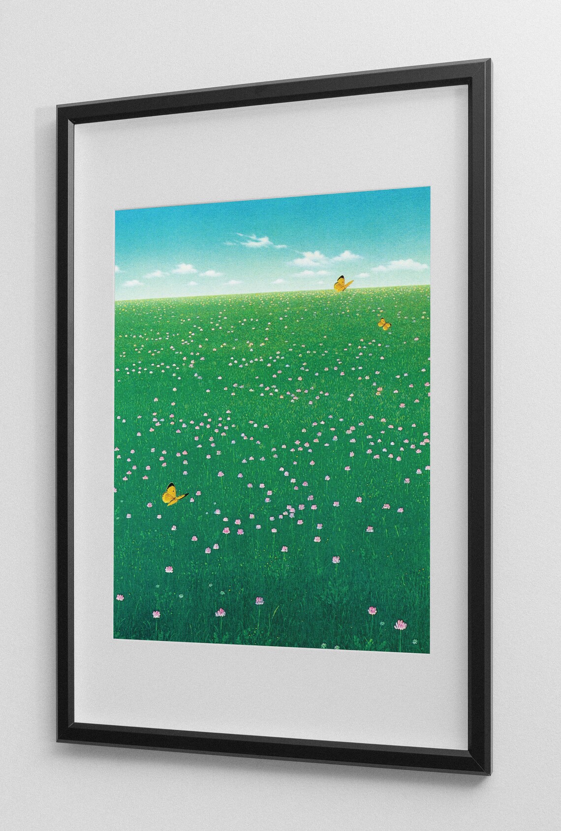 Green Wildflower Meadow Butterflies Summer Sky Minimal Art Poster - Image 2
