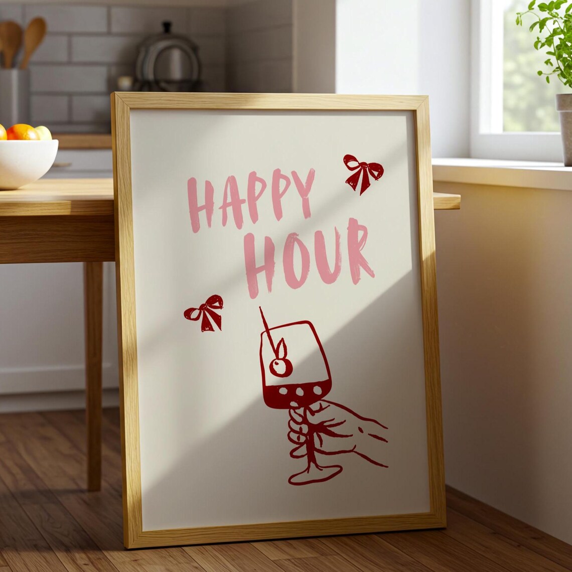 Happy Hour Pink Cocktail Typography Wine Kitchen Bar Cart Poster