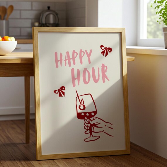 Happy Hour Pink Cocktail Typography Wine Kitchen Bar Cart Poster