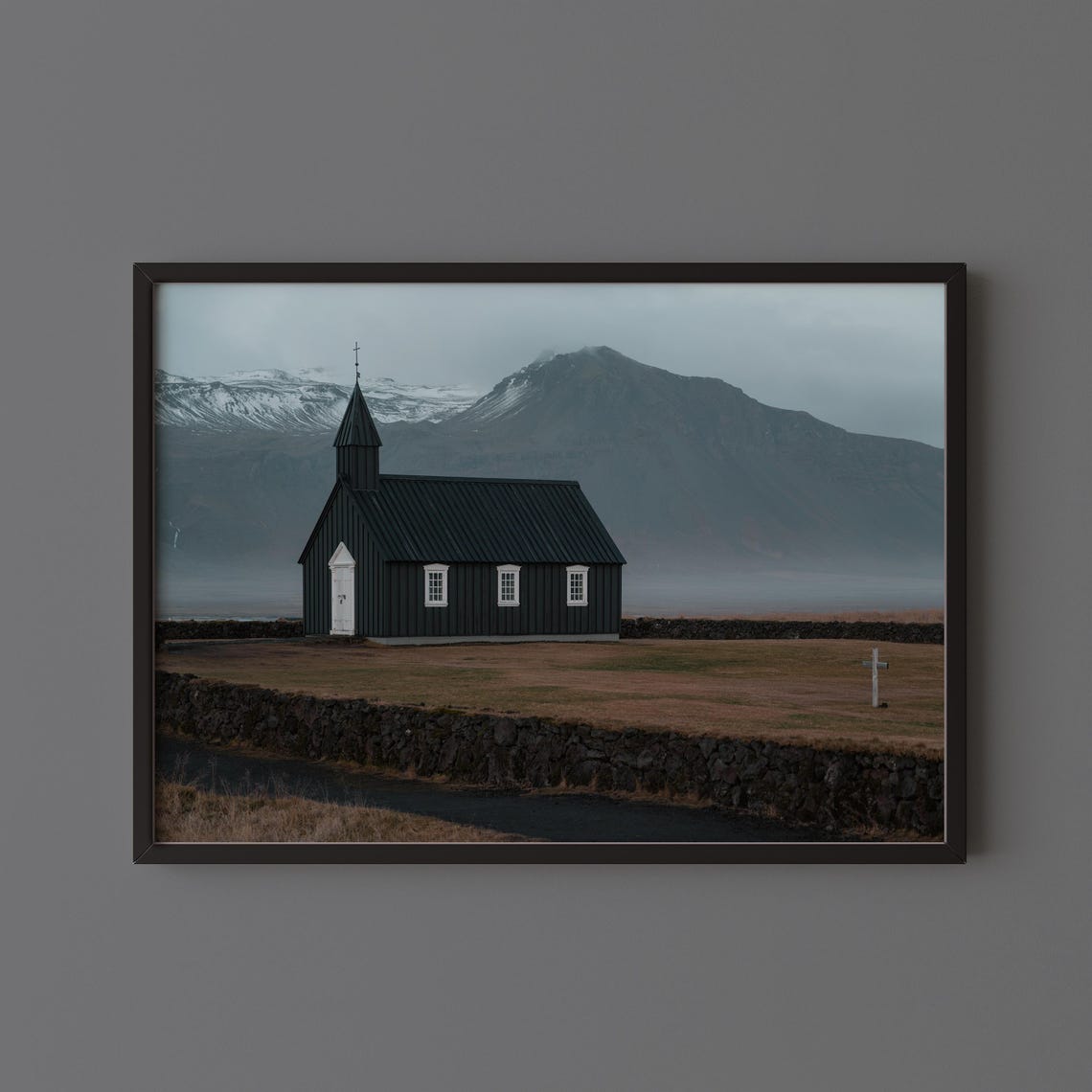 Budakirkja Black Church Iceland Moody Mountain Landscape Photo Print