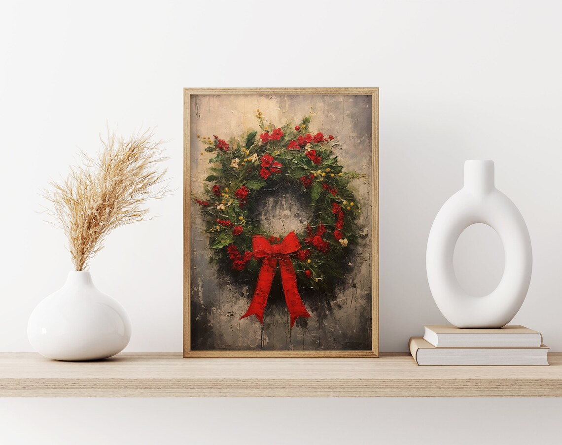 Lush Christmas Wreath with Red Blooms and Bow on Rustic Wall Poster - Image 3