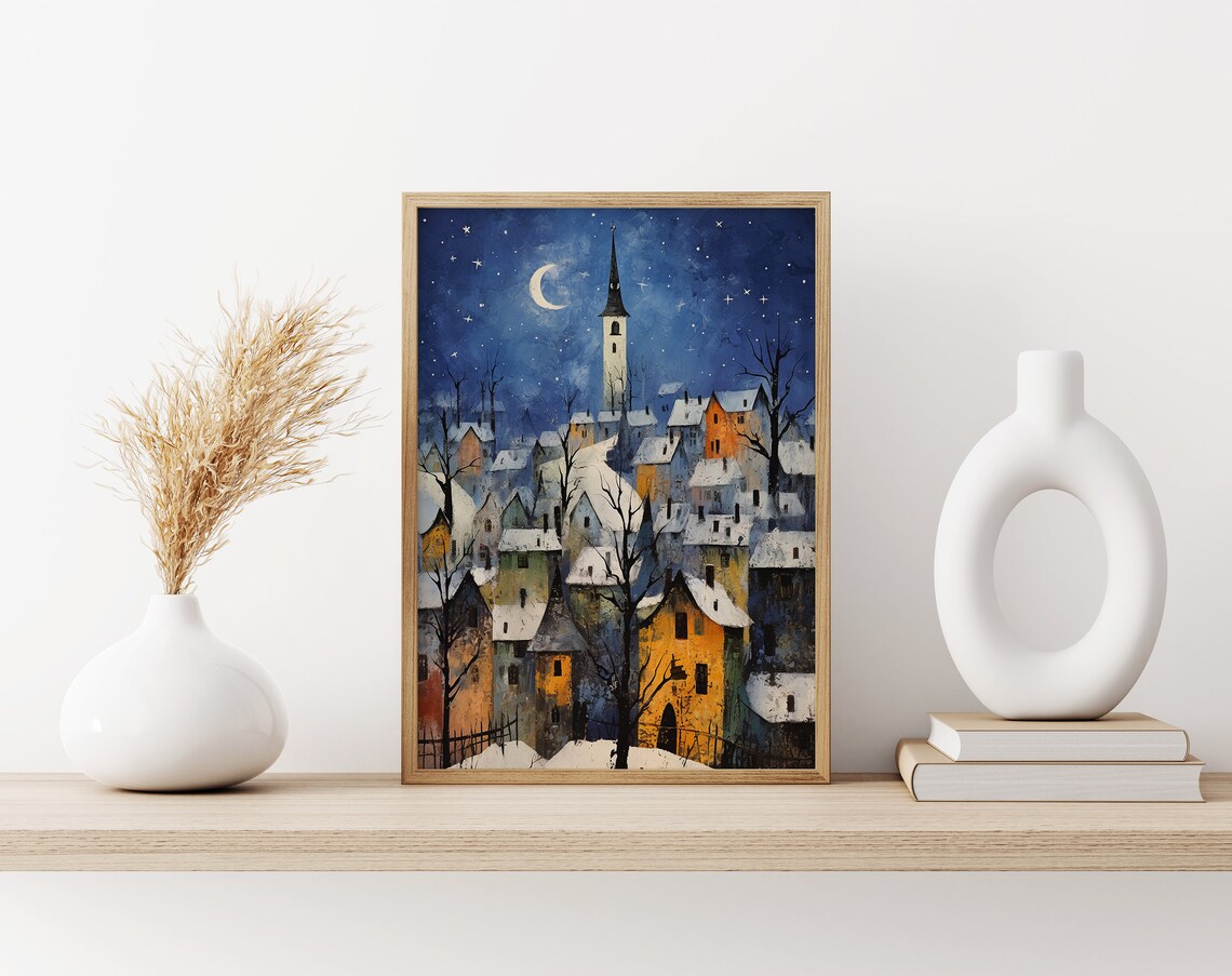 Snow Covered Village at Night with Church Steeple and Crescent Moon Poster - Image 3