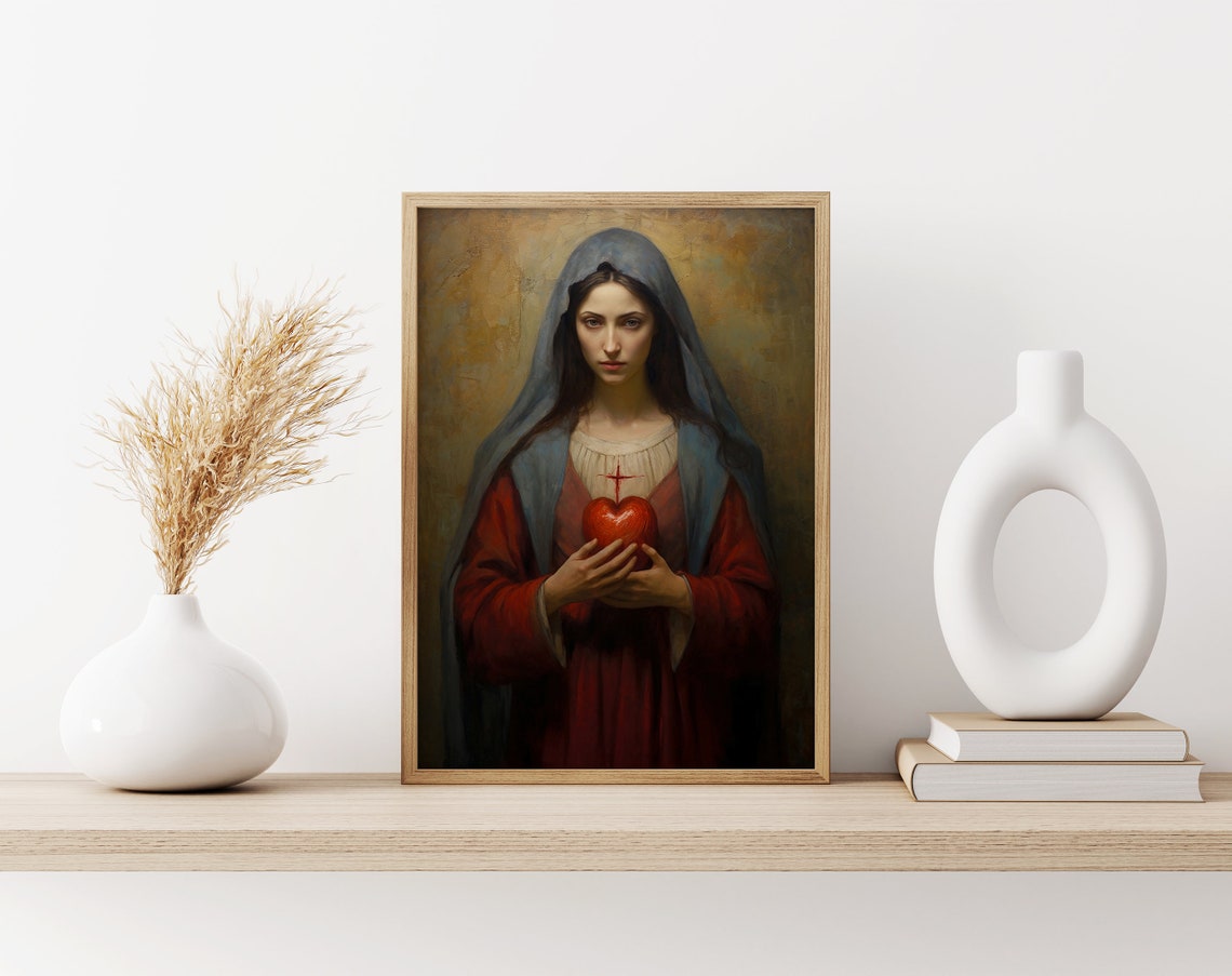 Sacred Heart of Mary Holding Heart Catholic Devotional Art Poster - Image 3