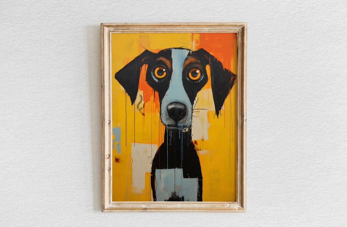 Whimsical Wide Eyed Dog Portrait on Vivid Orange Background Poster