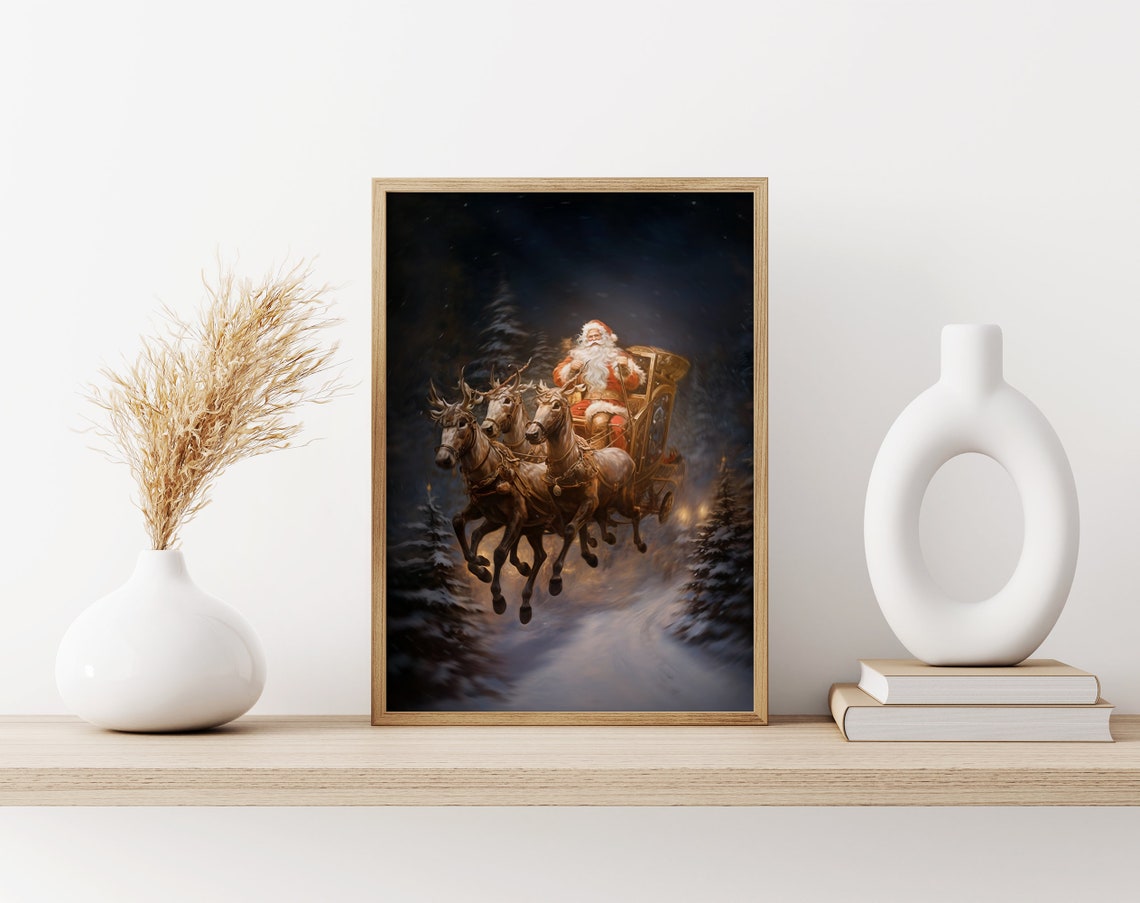 Santa Claus in a Horse Drawn Sleigh Riding Through the Night Poster - Image 3