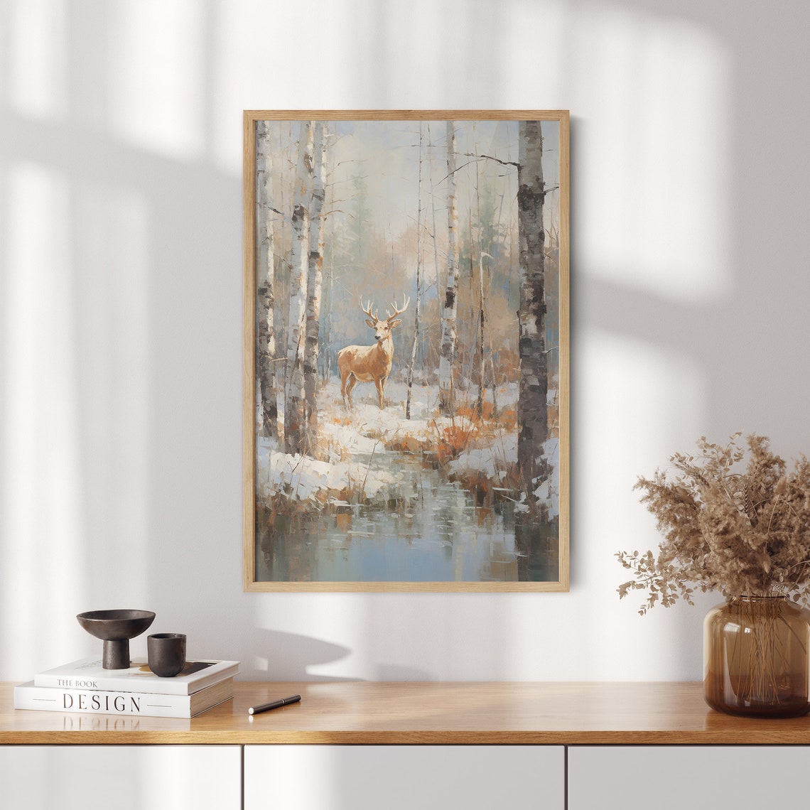 Lone Deer by Stream Snowy Birch Forest Winter Wildlife Poster - Image 2