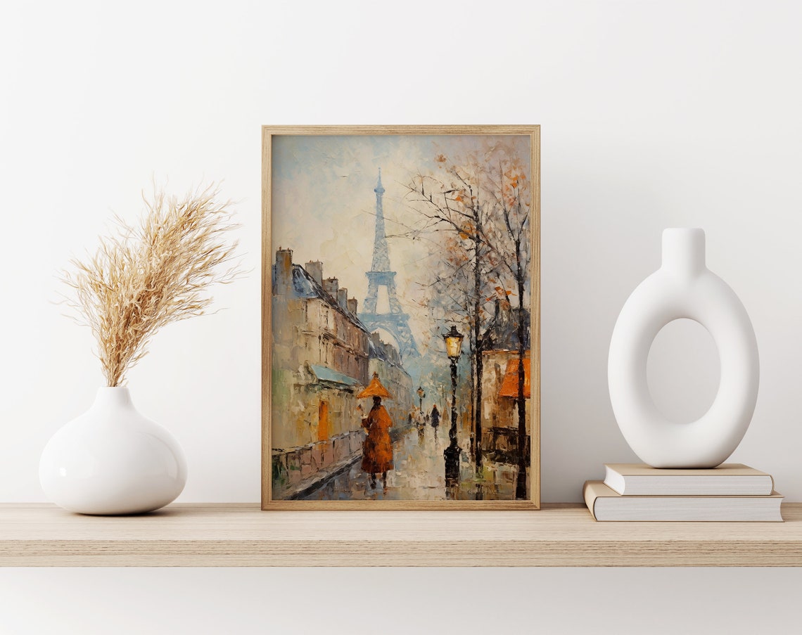 Eiffel Tower Rainy Paris Street Orange Umbrella Cityscape Poster - Image 3