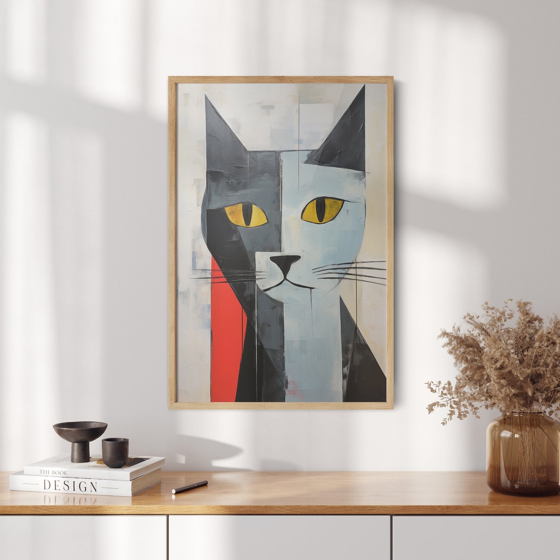 Abstract Geometric Cat Face in Black White and Red Art Print - Image 2