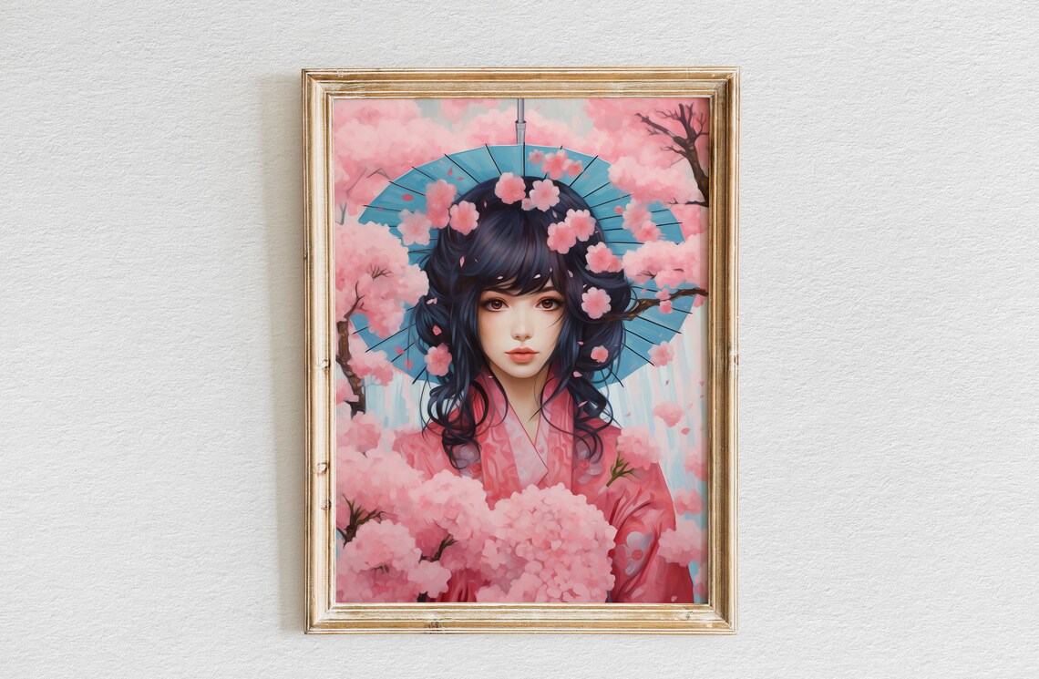 Anime Girl Holding a Blue Parasol Among Cherry Blossoms Poster