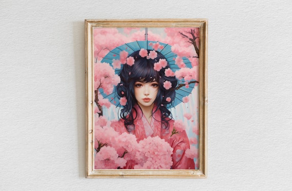 Cherry Blossom Reverie Sakura Girl With A Dreamy Flowers Cartoon Character Wall Art Sakura Painting Animeinspired Wall Art