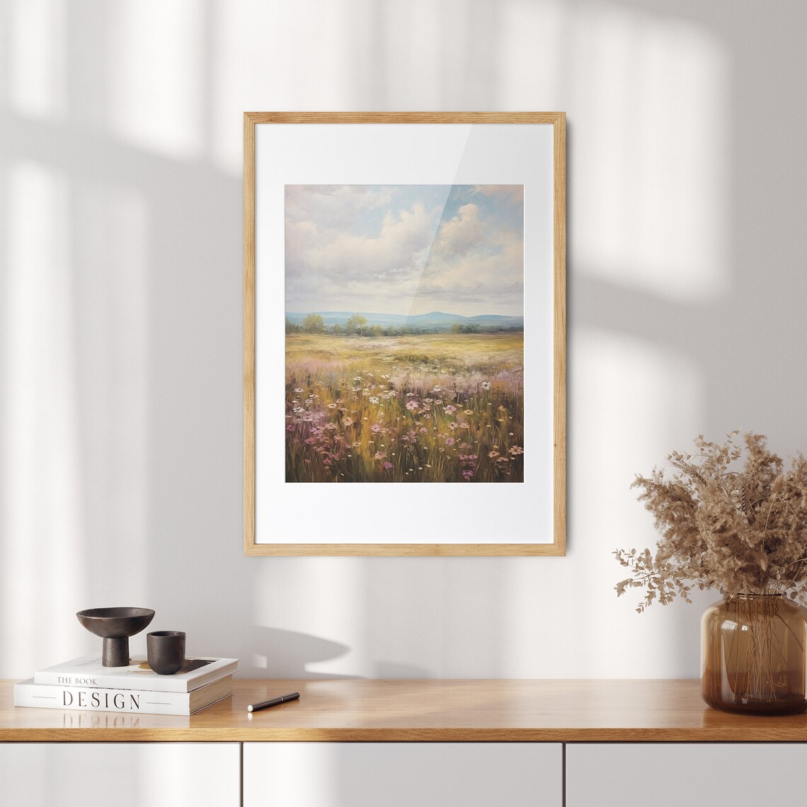 Pastel Wildflower Field With Distant Mountains Cloudy Sky Oil Poster - Image 2