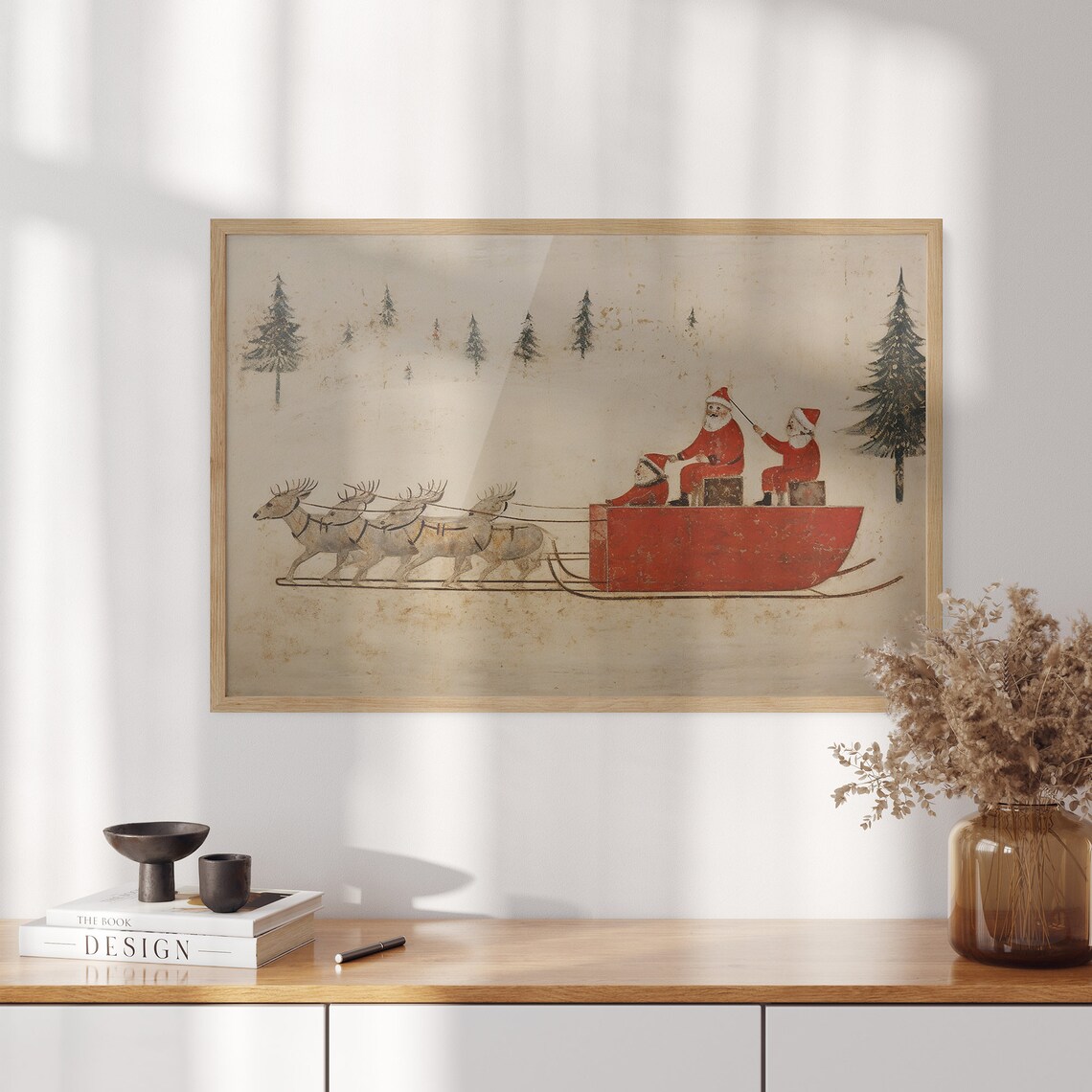 Santa and His Helpers Riding Red Reindeer Sleigh Vintage Folk Art Poster - Image 3