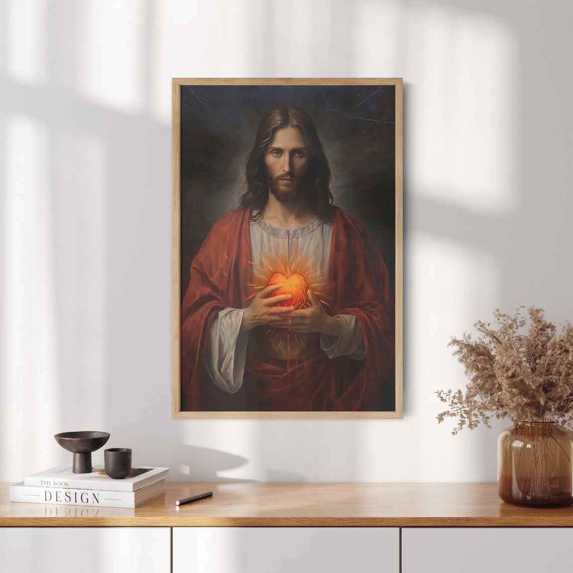 Sacred Heart Jesus in Crimson Cloak Holding Radiant Heart Dark Poster - Image 2