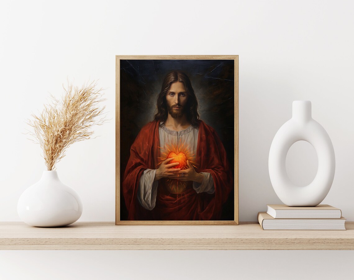 Sacred Heart Jesus in Crimson Cloak Holding Radiant Heart Dark Poster - Image 3