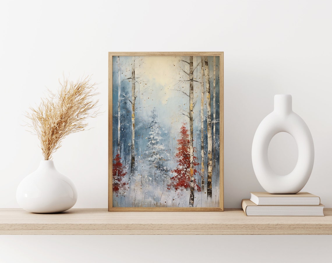 Tall White Birches in Icy Blue Mist with Crimson Red Shrubs Art Poster - Image 3