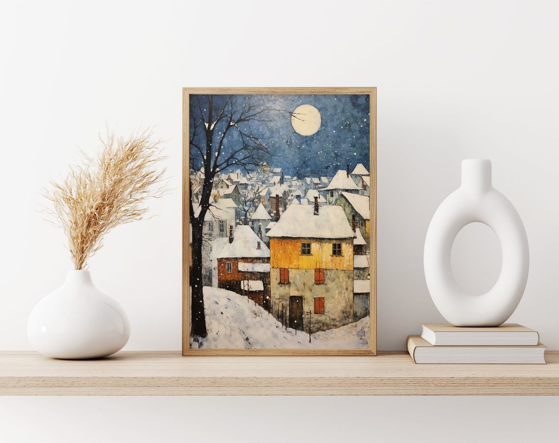 Moonlit Snowy Village Full Moon Night Winter Town Scene Poster - Image 3