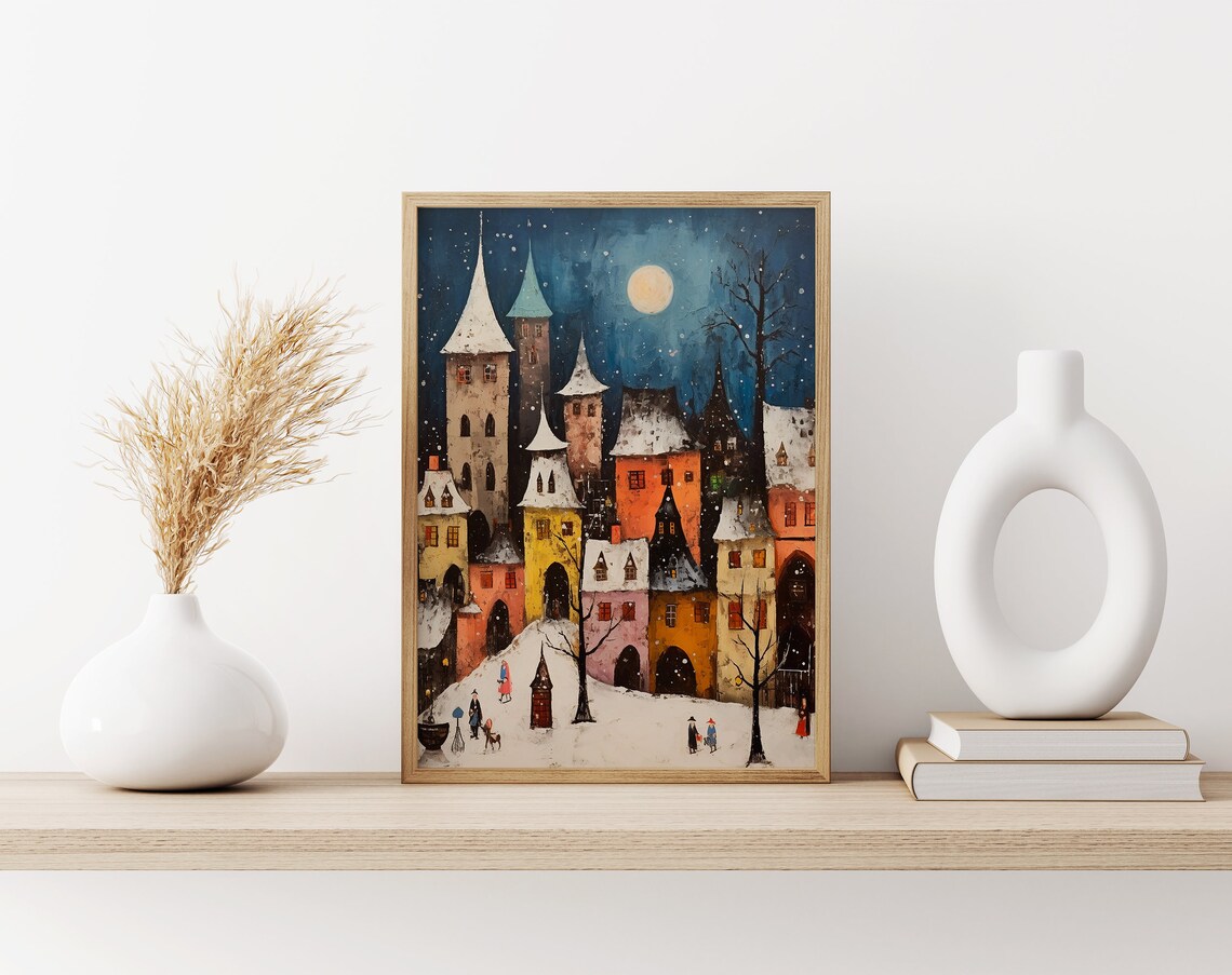 Whimsical Old Town of Colorful Towers Under Full Moon Snowy Night Poster - Image 3