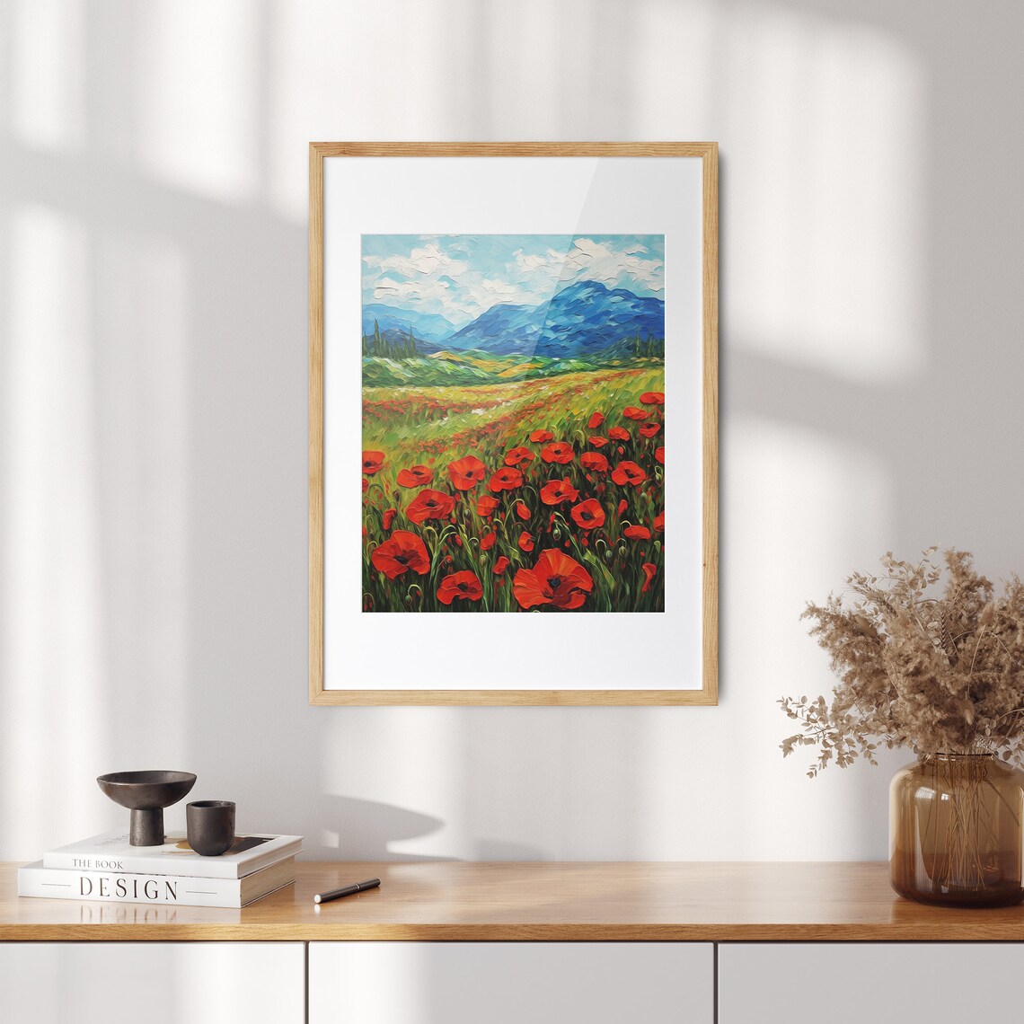Red Poppy Field Mountain Landscape Impasto Oil Painting Scene Poster - Image 2
