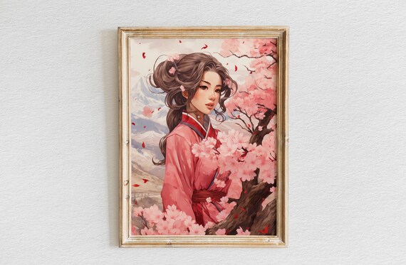 Woman in Pink Kimono Among Cherry Blossoms with Mountains Poster