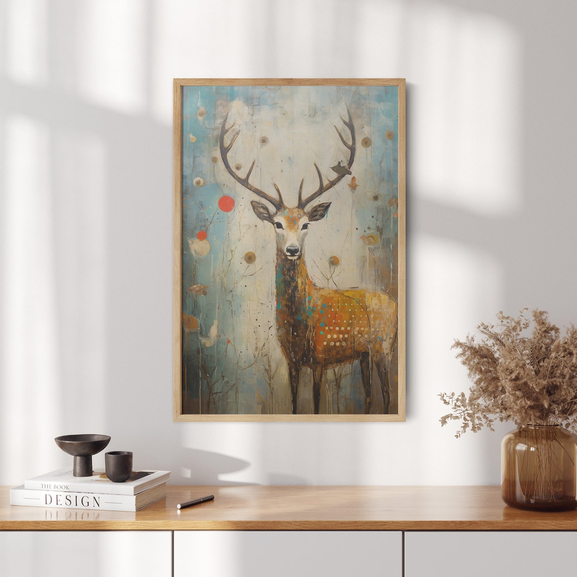 Whimsical Deer with Antlers in Dreamy Abstract Blue Meadow Art Poster - Image 2