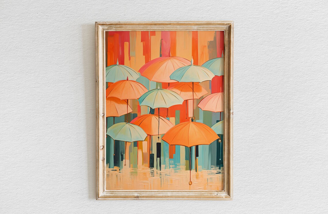 Colorful Umbrellas Oil Painting Abstract Rainy Day Scene Poster
