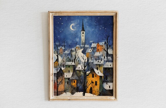 Snow Covered Village at Night with Church Steeple and Crescent Moon Poster