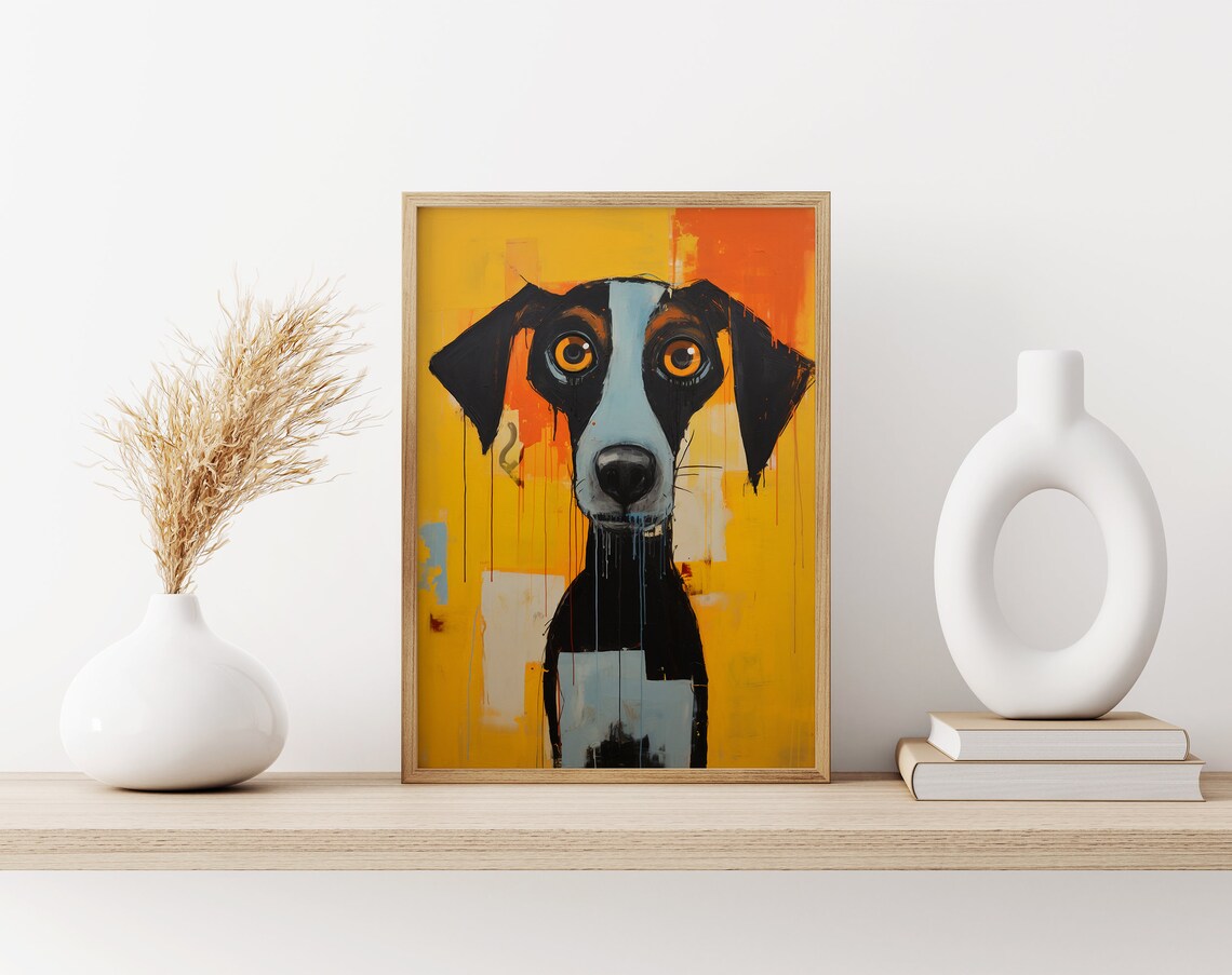 Whimsical Wide Eyed Dog Portrait on Vivid Orange Background Poster - Image 3