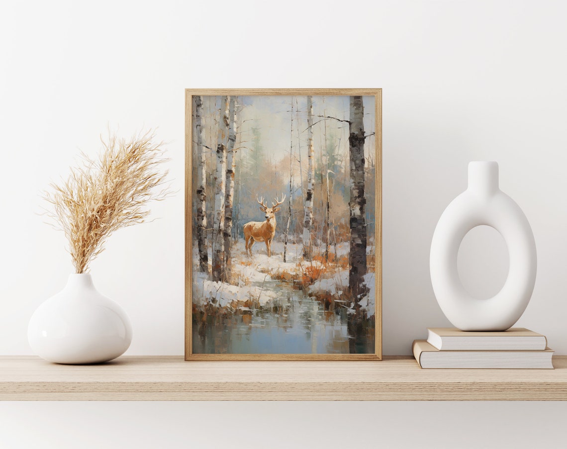 Lone Deer by Stream Snowy Birch Forest Winter Wildlife Poster - Image 3