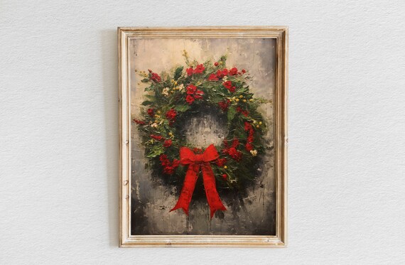 Lush Christmas Wreath with Red Blooms and Bow on Rustic Wall Poster