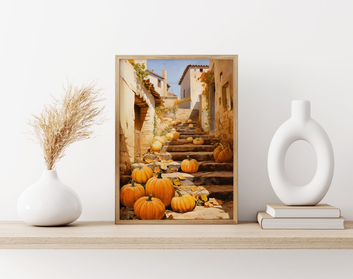 Pumpkin-Lined Village Staircase Mediterranean Autumn Fall Poster - Image 3