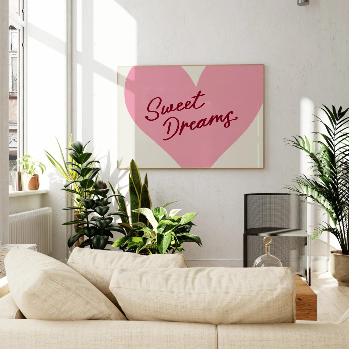 Sweet Dreams Pink Heart Script Quote Cute Bedroom Wall Art Decor - Image 3