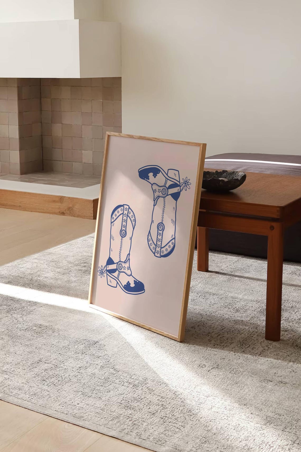 Blue Cowboy Boots Western Line Drawing On Pink Coastal Poster - Image 2