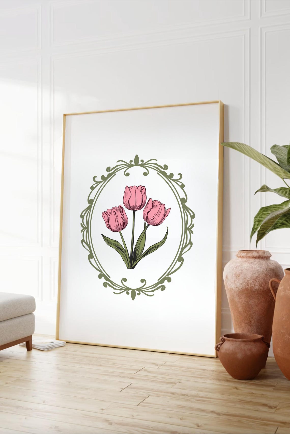 Pink Tulip Botanical Illustration with Green Ornate Oval Frame Poster - Image 2