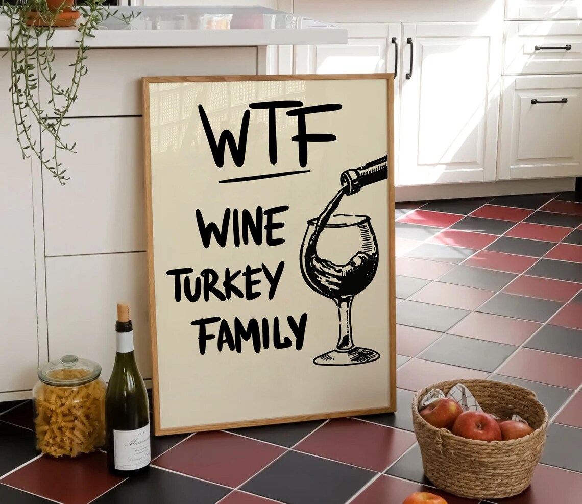 Wine Turkey Family Funny Thanksgiving Wine Poster with Hand Drawn Glass - Image 3