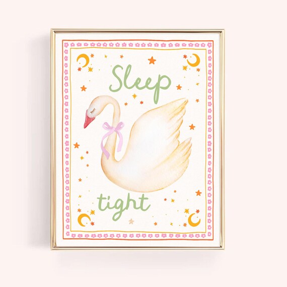 Sleep Tight Swan with Pink Bow Stars Moons Nursery Art Poster