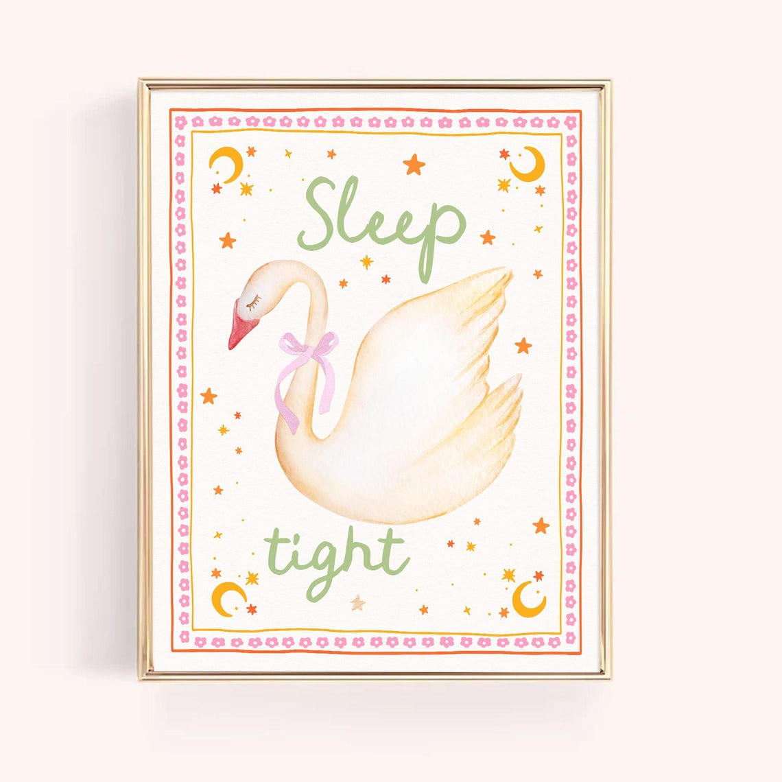 Sleep Tight Swan with Pink Bow Stars Moons Nursery Art Poster