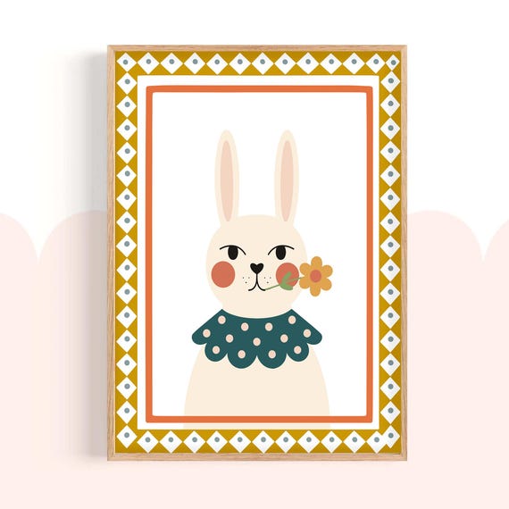 Rabbit Wall Art Bunny Nursery Decor Toddler Room Poster Kids Print Whimsical Animal Baby