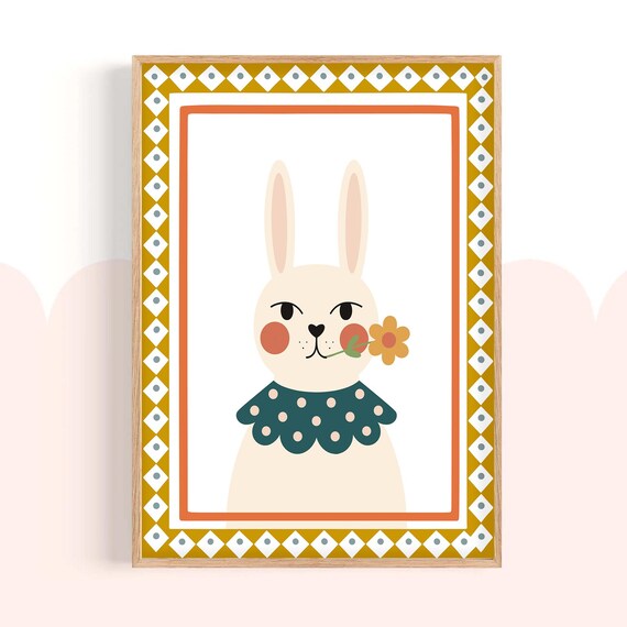 Whimsical Bunny Flower Polka Dot Collar Patterned Border Nursery Wall Poster