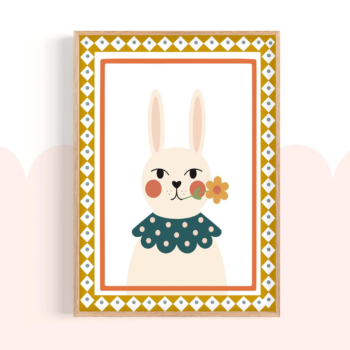 Whimsical Bunny Flower Polka Dot Collar Patterned Border Nursery Wall Poster