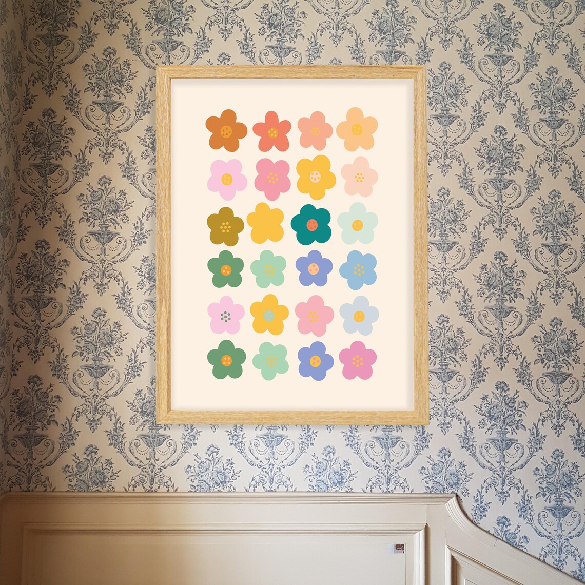 Retro Rainbow Daisy Flower Grid Colorful Floral Botanical Poster