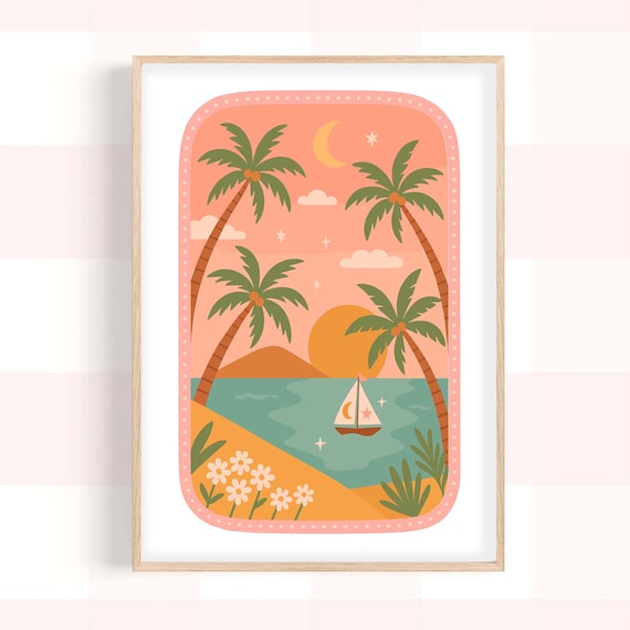 Dream Island Palm Beach Sailboat Sunset Nursery Room Art Poster