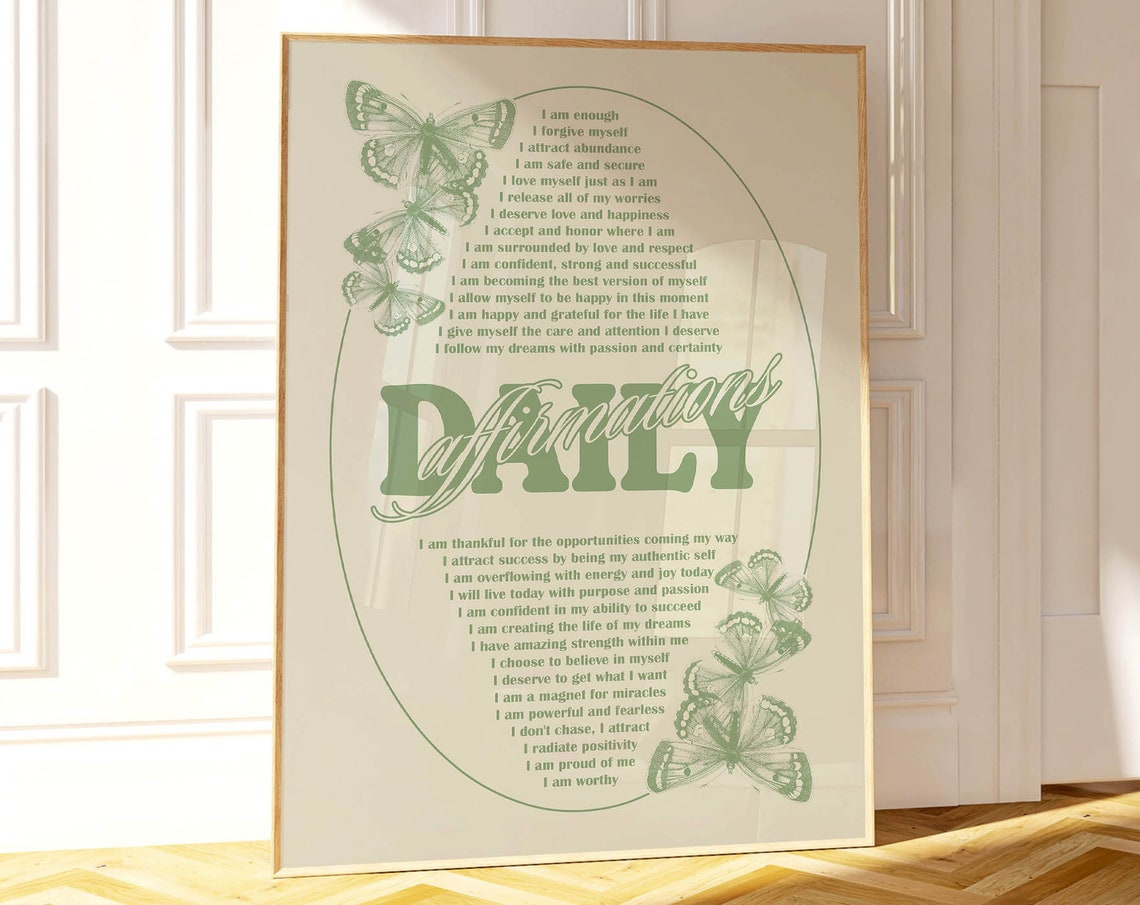 Daily Affirmations Sage Green Butterfly Inspirational Quote Poster