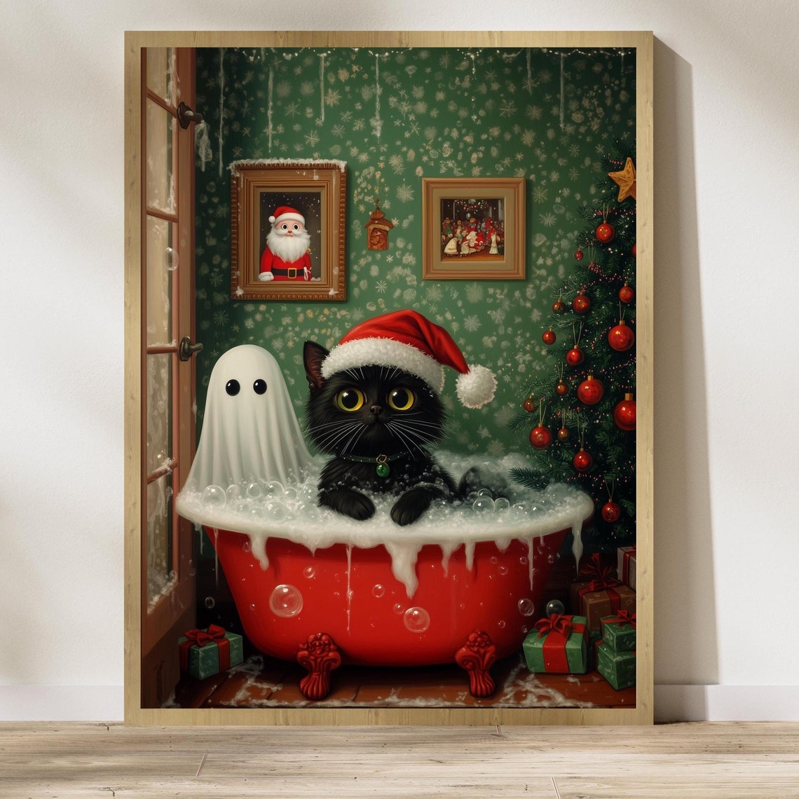 Ghost And Cat Christmas Bubblebath Poster Spooky Cute Ghost Xmas Bath Art Black Cat Print Whimsigoth Holiday Decor Unframed Cat Poster