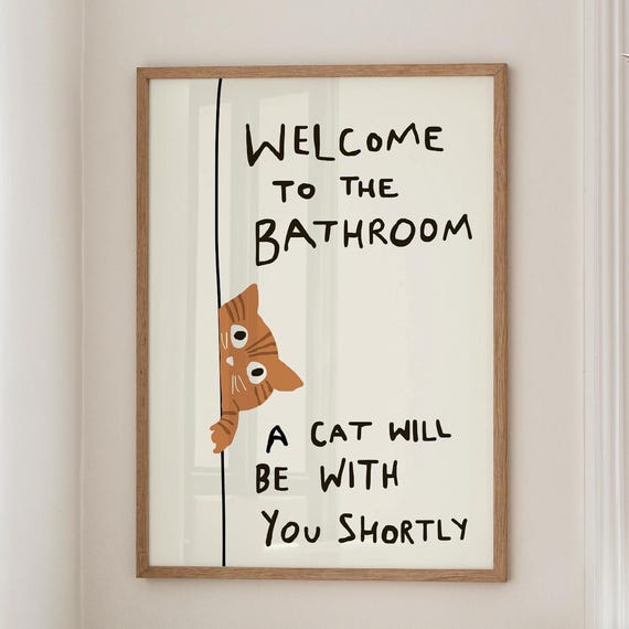 Orange Cat Bathroom Art Print, Playful Cat Decor